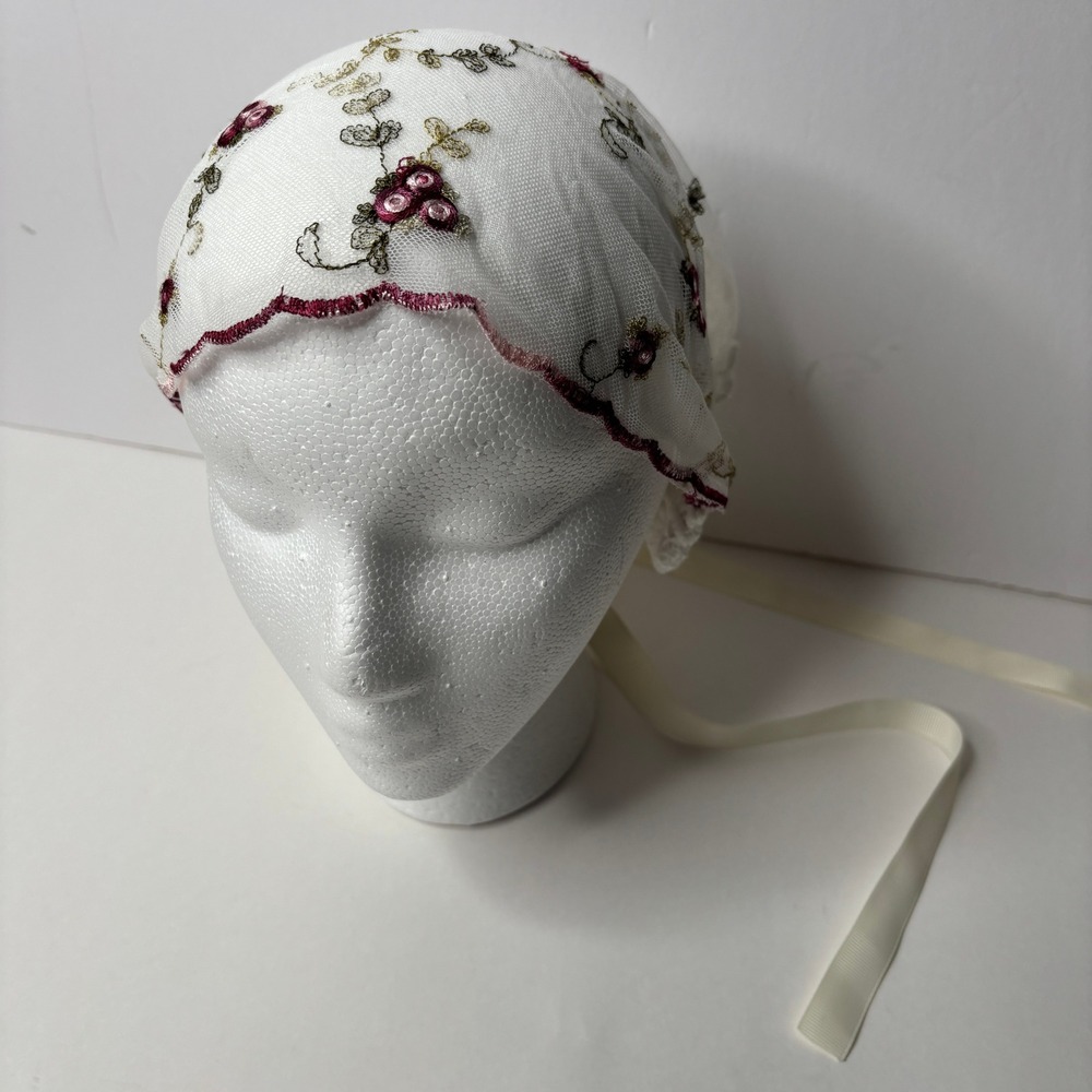 White Floral Embroidered Lace Bonnet Cap Headpiece Ribbon Tie Cottage Core